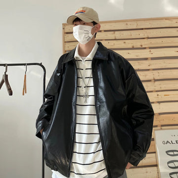 Autumn Street Trendy PU Leather Jacket Casual Textured Locomotive Zipper Turn-down Collar Solid Color Long Sleeve Men's Coats